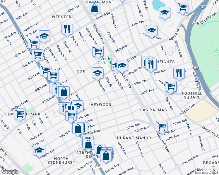 map of restaurants, bars, coffee shops, grocery stores, and more near 1924 Warner Avenue in Oakland