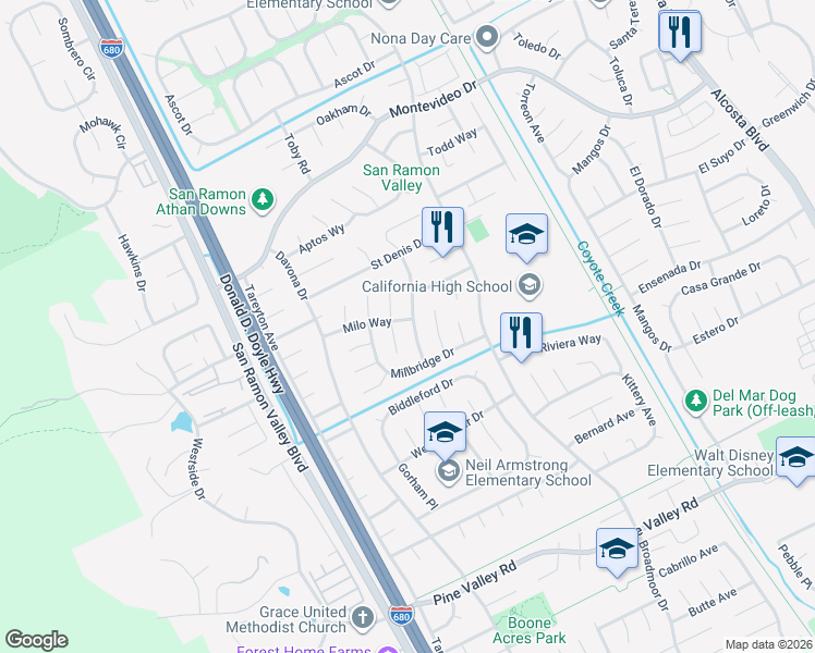 map of restaurants, bars, coffee shops, grocery stores, and more near 9880 Brunswick Way in San Ramon