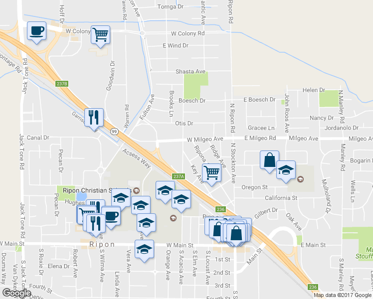map of restaurants, bars, coffee shops, grocery stores, and more near 800 North Acacia Avenue in Ripon