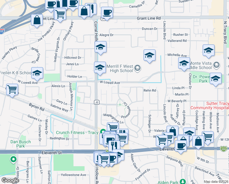map of restaurants, bars, coffee shops, grocery stores, and more near 1843 Woodland Lane in Tracy