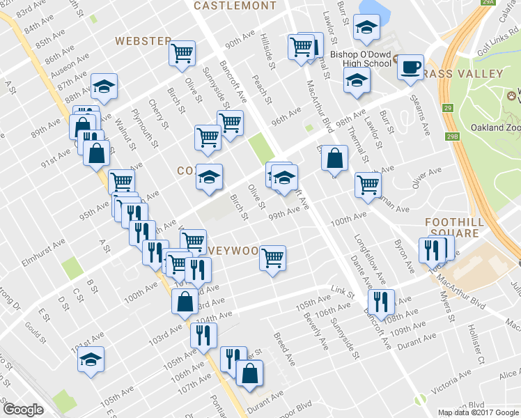 map of restaurants, bars, coffee shops, grocery stores, and more near 9851 Olive Street in Oakland