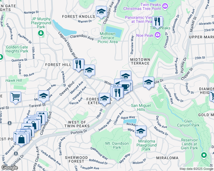 map of restaurants, bars, coffee shops, grocery stores, and more near 11 Hernandez Avenue in San Francisco