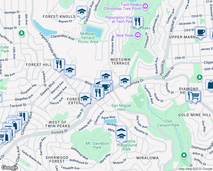 map of restaurants, bars, coffee shops, grocery stores, and more near 375 Woodside Avenue in San Francisco