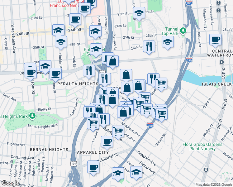 map of restaurants, bars, coffee shops, grocery stores, and more near Jerrold Ave & Napoleon St in San Francisco