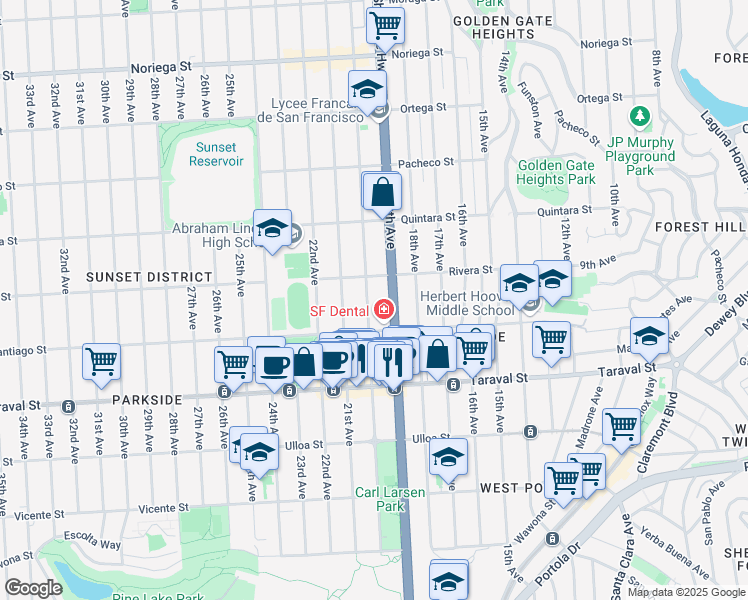 map of restaurants, bars, coffee shops, grocery stores, and more near 2242 20th Avenue in San Francisco