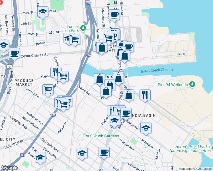 map of restaurants, bars, coffee shops, grocery stores, and more near 1500 Custer Ave in San Francisco