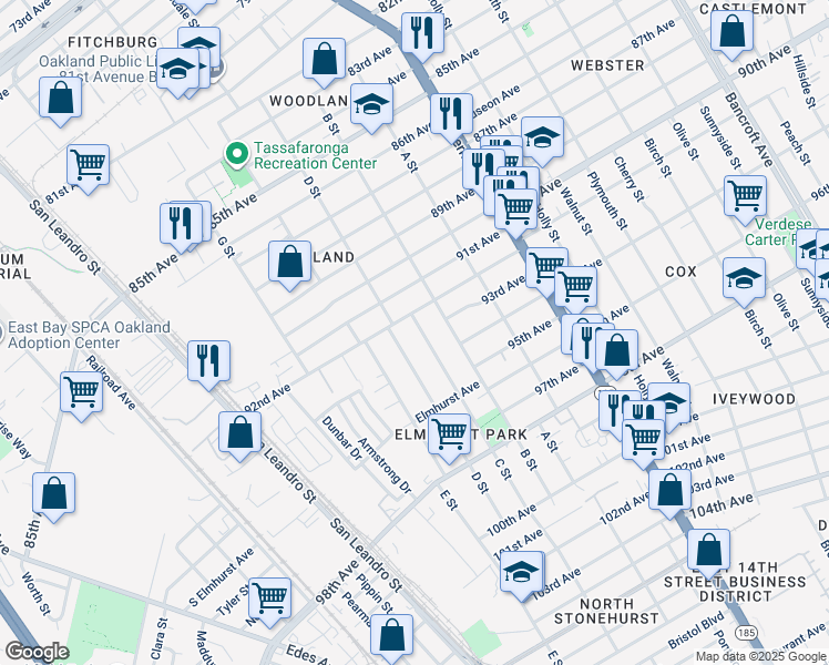 map of restaurants, bars, coffee shops, grocery stores, and more near 9227 C Street in Oakland