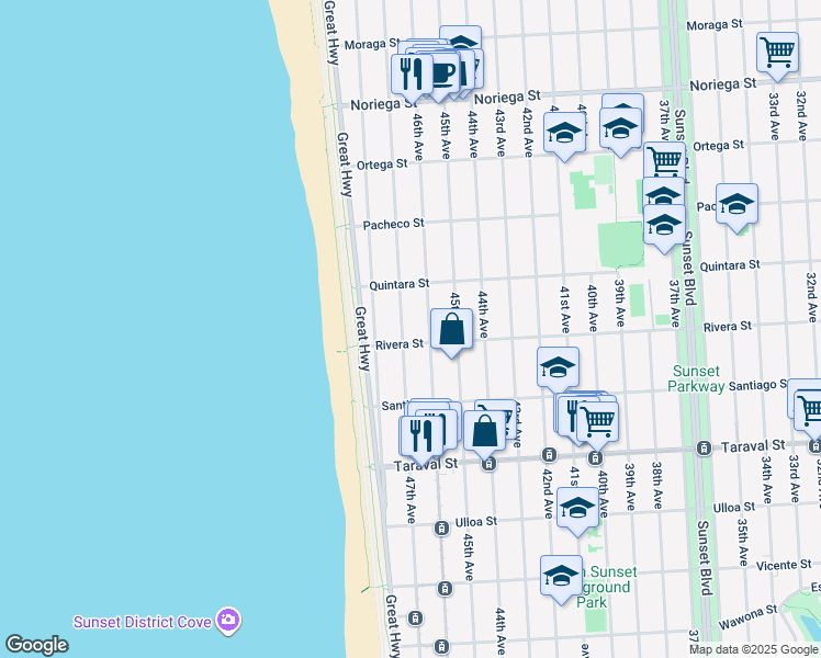 map of restaurants, bars, coffee shops, grocery stores, and more near 2175 46th Avenue in San Francisco