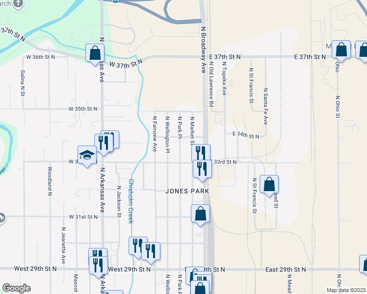 map of restaurants, bars, coffee shops, grocery stores, and more near 3438 North Park Place in Wichita