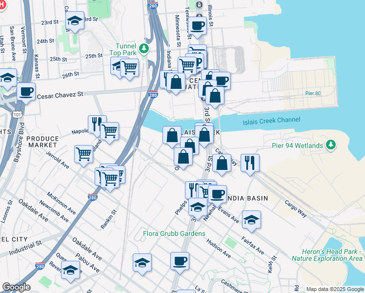 map of restaurants, bars, coffee shops, grocery stores, and more near 1500 Custer Avenue in San Francisco