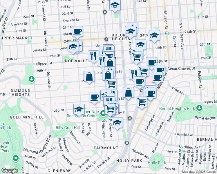 map of restaurants, bars, coffee shops, grocery stores, and more near 1550 Church Street in San Francisco