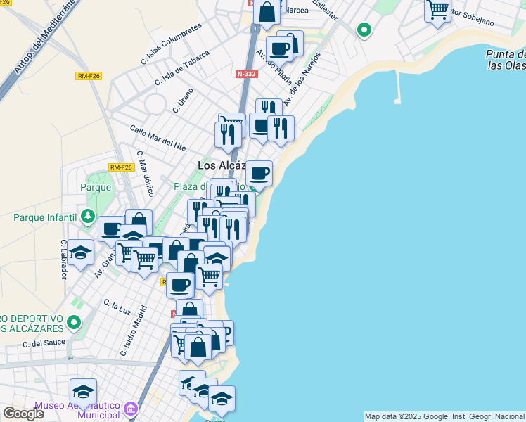 map of restaurants, bars, coffee shops, grocery stores, and more near 125 Paseo Espejo in Los Alcázares
