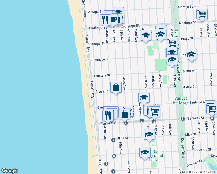 map of restaurants, bars, coffee shops, grocery stores, and more near 2175 46th Avenue in San Francisco
