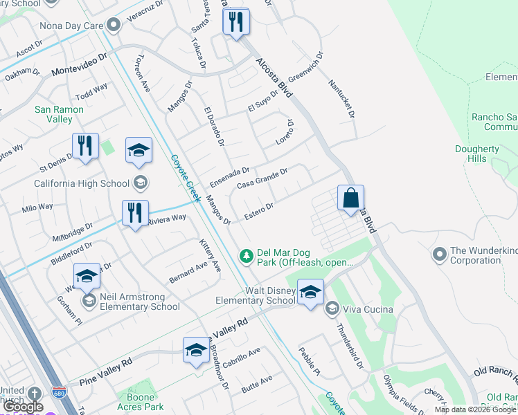 map of restaurants, bars, coffee shops, grocery stores, and more near 31 San Piedras Place in San Ramon
