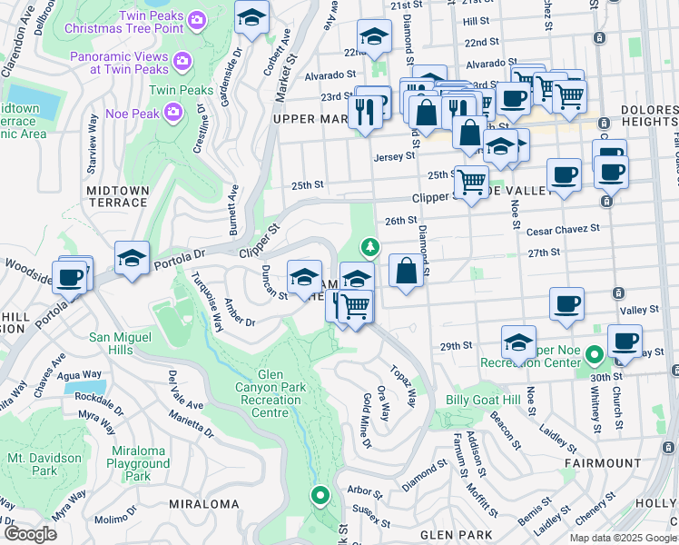 map of restaurants, bars, coffee shops, grocery stores, and more near 5177 Diamond Heights Boulevard in San Francisco