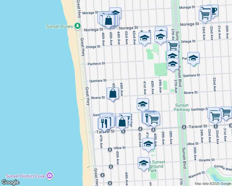 map of restaurants, bars, coffee shops, grocery stores, and more near 2178 45th Avenue in San Francisco