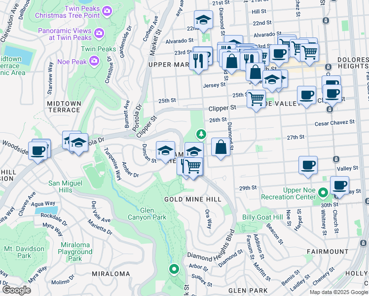 map of restaurants, bars, coffee shops, grocery stores, and more near 5177 Diamond Heights Boulevard in San Francisco