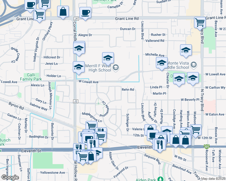 map of restaurants, bars, coffee shops, grocery stores, and more near 1573 Vinewood Way in Tracy