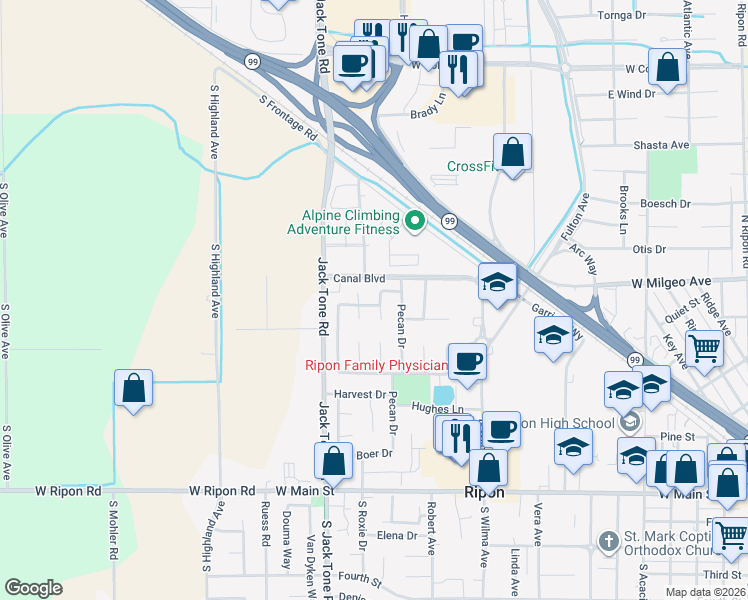 map of restaurants, bars, coffee shops, grocery stores, and more near 663 Clay Way in Ripon