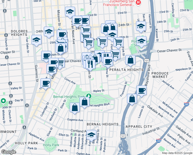 map of restaurants, bars, coffee shops, grocery stores, and more near 1549 Treat Avenue in San Francisco
