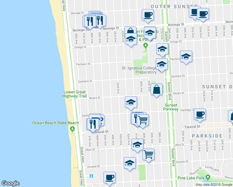 map of restaurants, bars, coffee shops, grocery stores, and more near 2183 43rd Avenue in San Francisco
