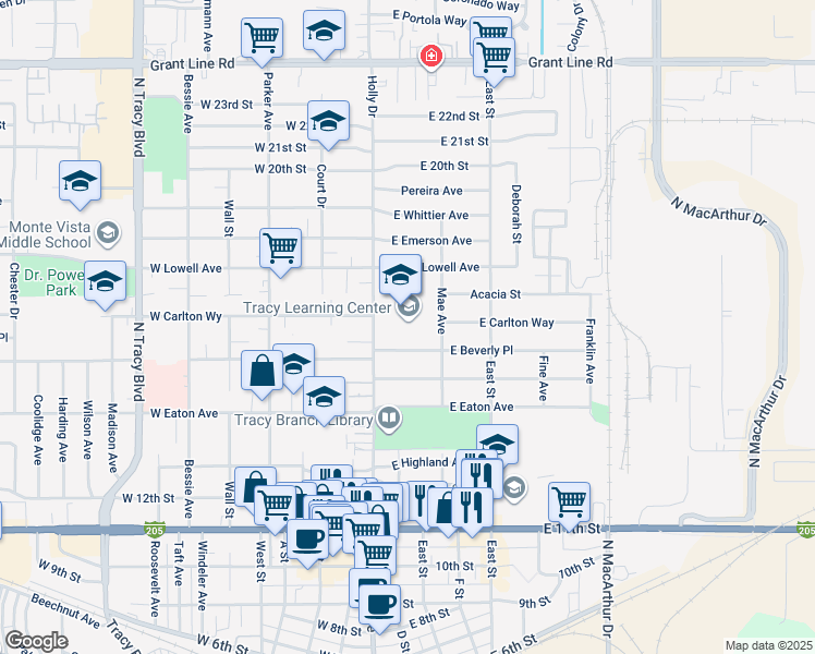map of restaurants, bars, coffee shops, grocery stores, and more near 51 East Beverly Place in Tracy
