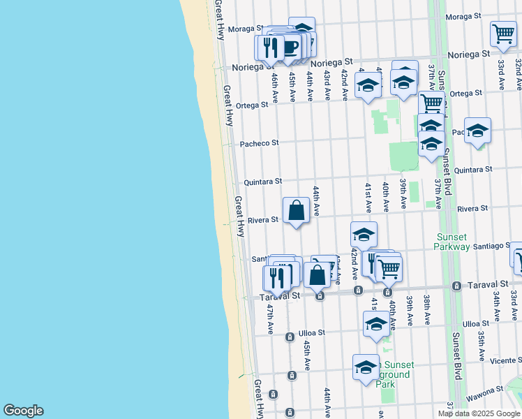 map of restaurants, bars, coffee shops, grocery stores, and more near 2171 47th Avenue in San Francisco