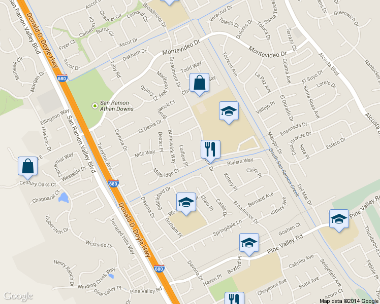 map of restaurants, bars, coffee shops, grocery stores, and more near 241 Hardwick Place in San Ramon