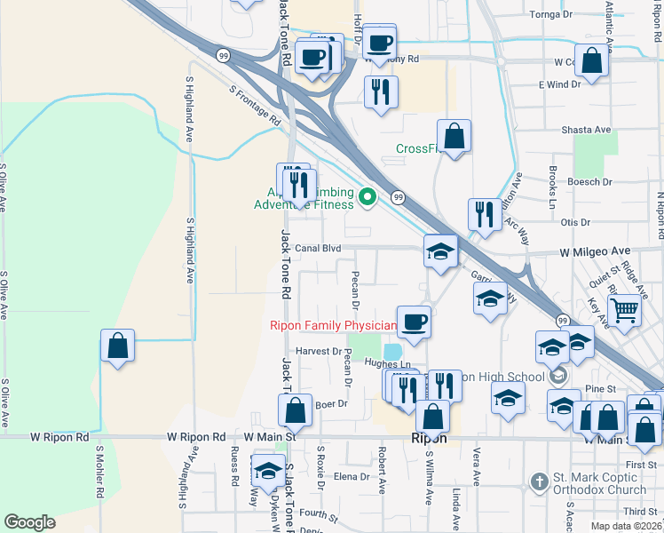 map of restaurants, bars, coffee shops, grocery stores, and more near 663 Clay Way in Ripon
