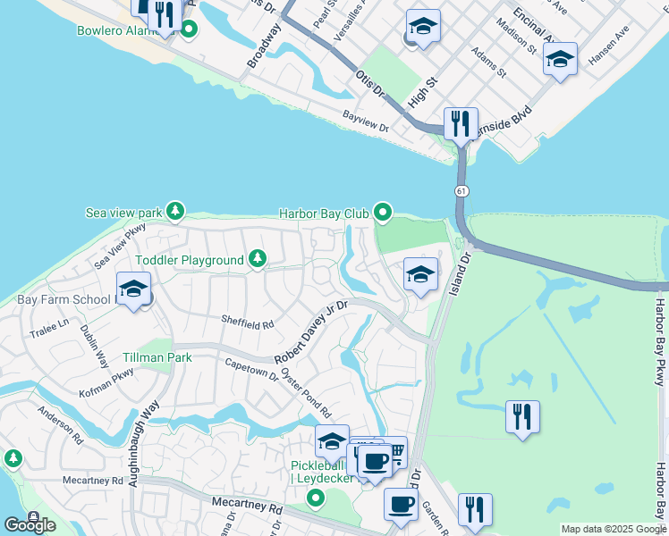 map of restaurants, bars, coffee shops, grocery stores, and more near 107 Parfait Lane in Alameda
