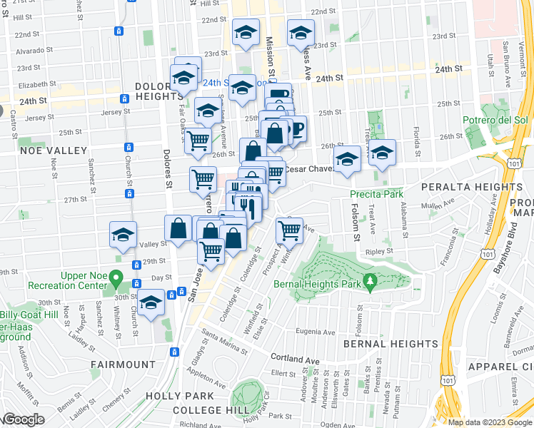 map of restaurants, bars, coffee shops, grocery stores, and more near 31 Powers Avenue in San Francisco