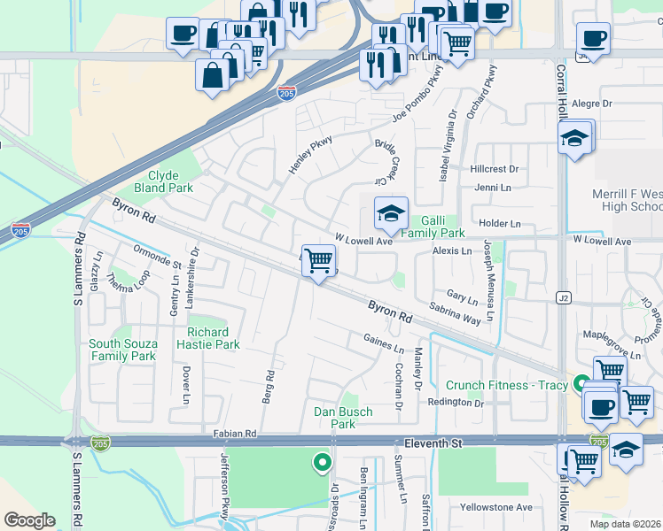 map of restaurants, bars, coffee shops, grocery stores, and more near 1647 Green Springs Court in Tracy