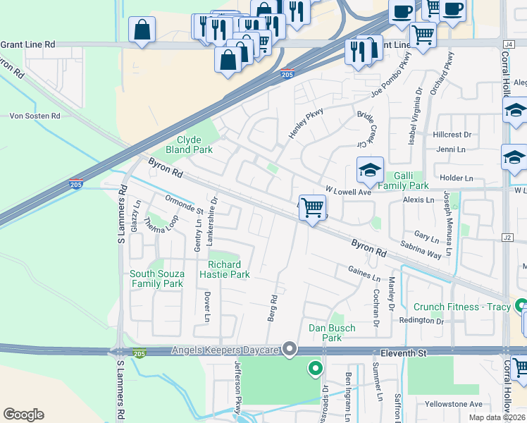 map of restaurants, bars, coffee shops, grocery stores, and more near 1625 Clifton Avenue in Tracy