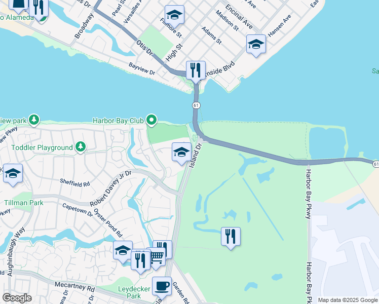 map of restaurants, bars, coffee shops, grocery stores, and more near 673 Centre Court in Alameda