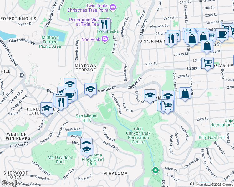 map of restaurants, bars, coffee shops, grocery stores, and more near 1 Turquoise Way in San Francisco