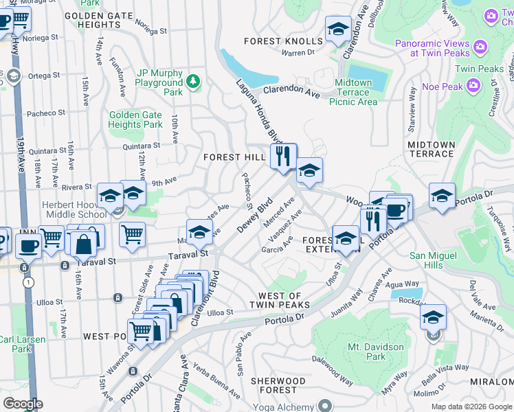 map of restaurants, bars, coffee shops, grocery stores, and more near 120 Pacheco Street in San Francisco