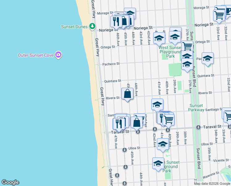map of restaurants, bars, coffee shops, grocery stores, and more near 2175 46th Avenue in San Francisco