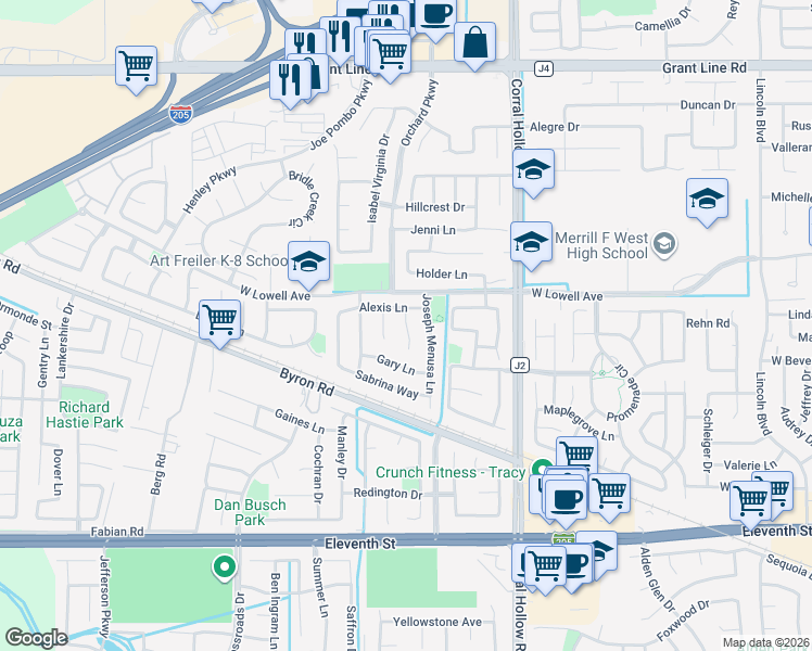map of restaurants, bars, coffee shops, grocery stores, and more near Marine Court in Tracy