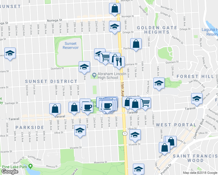 map of restaurants, bars, coffee shops, grocery stores, and more near 2234 21st Avenue in San Francisco