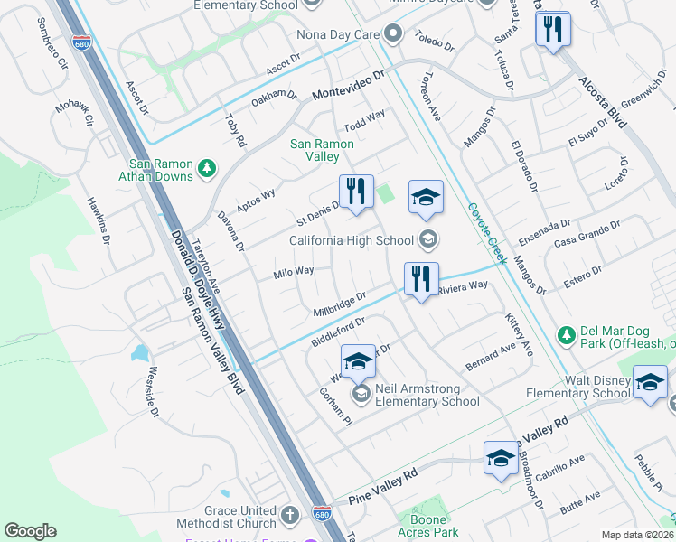 map of restaurants, bars, coffee shops, grocery stores, and more near 9880 Brunswick Way in San Ramon
