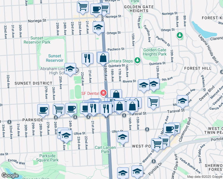 map of restaurants, bars, coffee shops, grocery stores, and more near 2243 18th Avenue in San Francisco