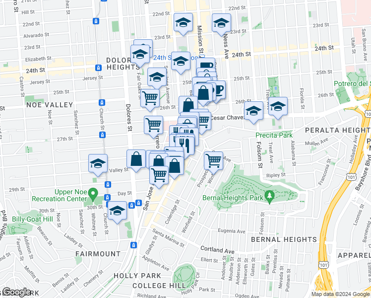 map of restaurants, bars, coffee shops, grocery stores, and more near 3188 Mission Street in San Francisco