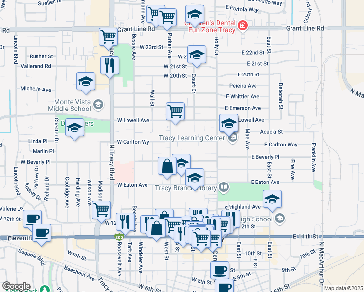 map of restaurants, bars, coffee shops, grocery stores, and more near 222 Carlton Way in Tracy