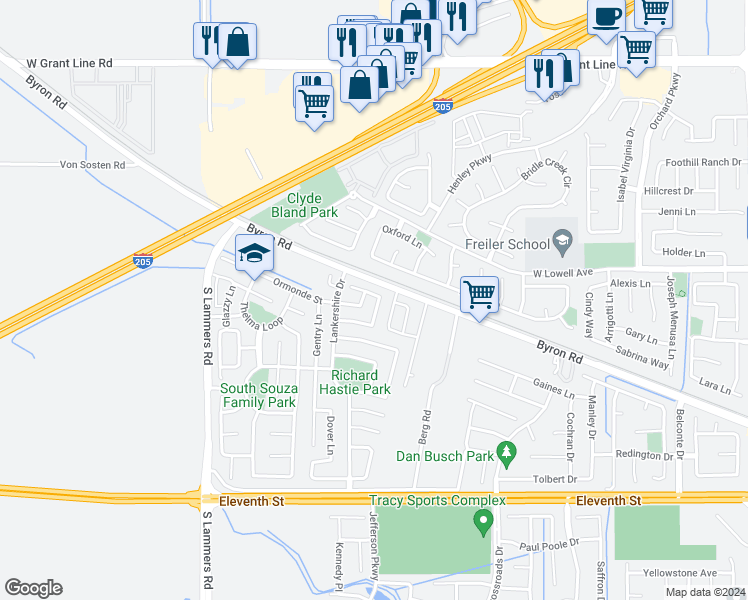 map of restaurants, bars, coffee shops, grocery stores, and more near 1583 Cole Lane in Tracy