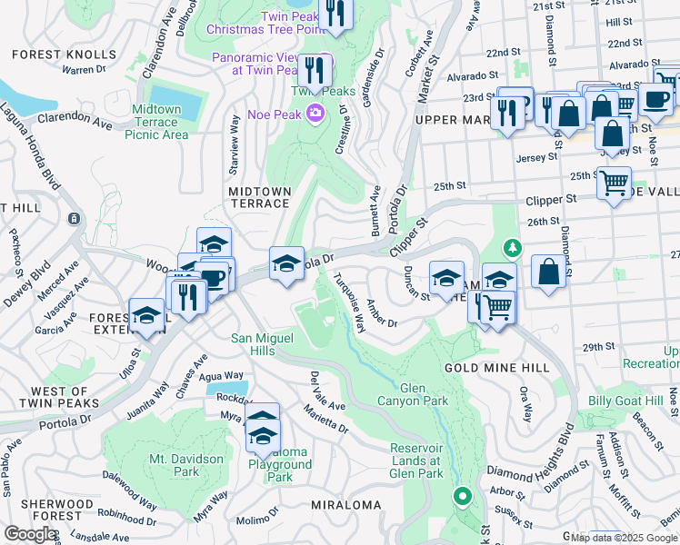 map of restaurants, bars, coffee shops, grocery stores, and more near 1 Turquoise Way in San Francisco