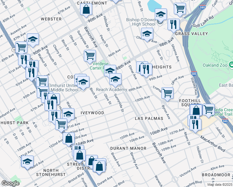 map of restaurants, bars, coffee shops, grocery stores, and more near 2101 99th Avenue in Oakland