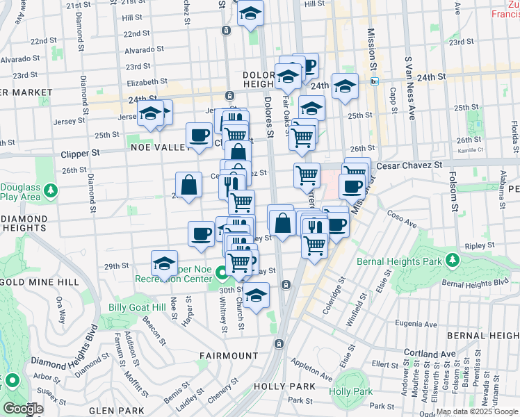 map of restaurants, bars, coffee shops, grocery stores, and more near 235 Duncan Street in San Francisco