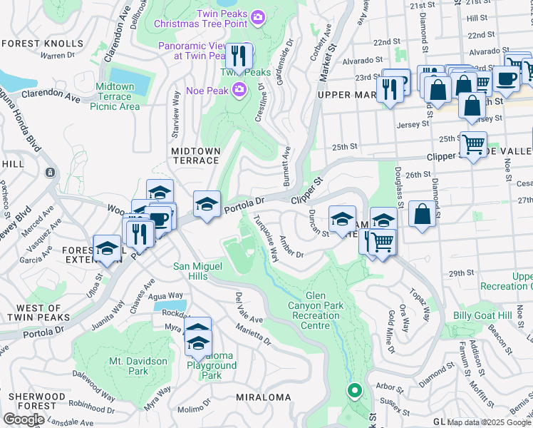 map of restaurants, bars, coffee shops, grocery stores, and more near 1 Turquoise Way in San Francisco