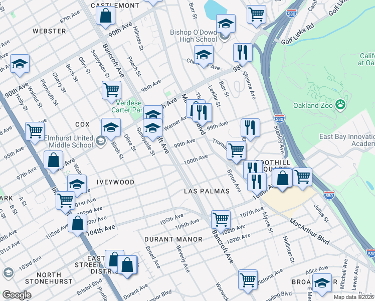 map of restaurants, bars, coffee shops, grocery stores, and more near 9929 Longfellow Ave in Oakland