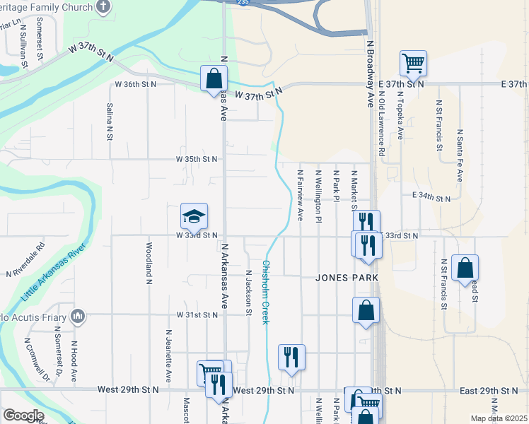 map of restaurants, bars, coffee shops, grocery stores, and more near 501 West 34th Street North in Wichita